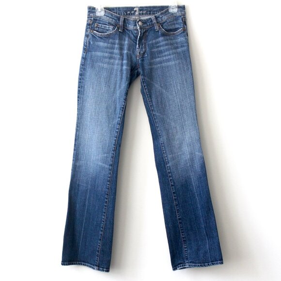 7 For All Mankind Blue Bootcut Medium Wash Denim Jeans with Pink Rhinestone 26 - Picture 1 of 11
